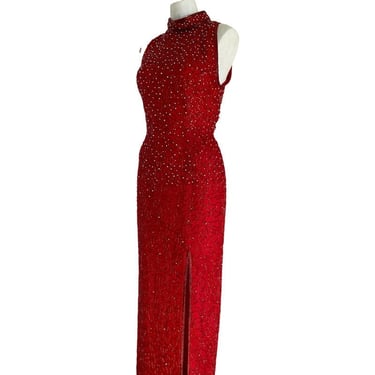 80s 90s vintage sequin cocktail dress, red valentine&rsquo;s day dress, red sequin gown, long beaded sequin dress, gown keyhole back s m 8 10 