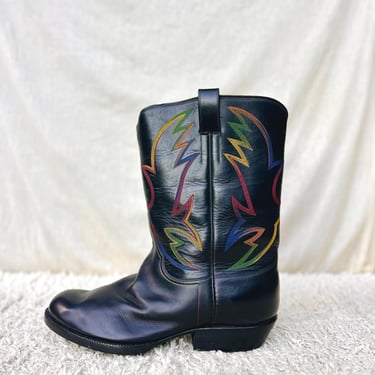 Handmade Michael Anthony Cowboy Boots, Black Leather Rainbow Stitching, Round Toe, High End Western Boots, Mens Large Size, Wide Fit 