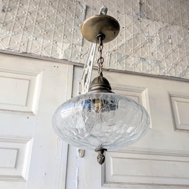 Vintage MCM Crackled Glass Globe Pendant Light 