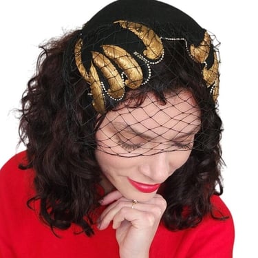 Vintage 1950s Bes-Ben Hat Black Wool Gold Feather Veil Chicago Millinery OOAK 