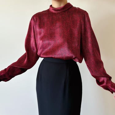 vintage silky blouse red black silky blouse turtle neck abstract art 80s retro style satin charmeuse shirt vintage shirt minimalist size M/L 