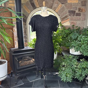 Vintage 1980s Black Sparkly Beaded Silk Formal Dress Stenay, Vintage Black Tie Evening Dress, Eighties Shoulder Pad Party Cocktail Dress 