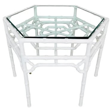 Vintage Chinese Chippendale Faux Bamboo White Lacquered Cocktail Center Table 