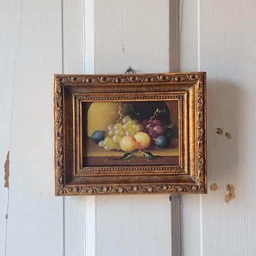 Framed still life oil painting of fruit arrangement miniature 
