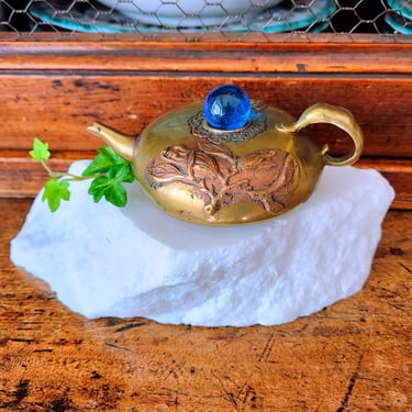 Vintage Southeast Asian Brass Teapot with Figural Motif, Copper Leaf 