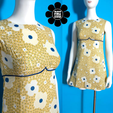 Cute Flower Power Vintage Sleeveless Mini Dress in a Dusty Yellow & Navy Blue 