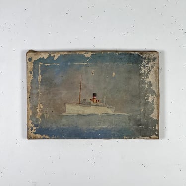 Marvelous & Distressed Antique Oil on Canvas Nautical Painting of Ocean Liner at Sea, New England, Boston 