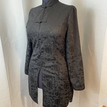 Black Silk Asian Inspired Dragon Jacket 1980s Vintage Cheongsam M 