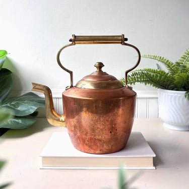 Copper & Brass Kettle, Vintage 1960s Teapot With Fixed Handle, Heavy Solid Farmhouse Decor 