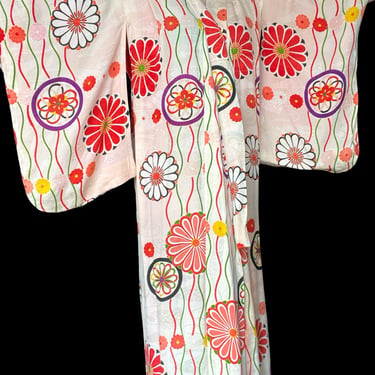 Vintage 1930's Geometric Floral Print Ivory Pale Pink Rayon Damask Silk Kimono - OS One Size Fits Many 