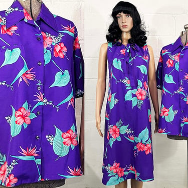 Vintage Purple Hawaiian Honeymoon Set Shirt Dress Hibiscus Tiki Floral Sleeveless Hawaii Luau Tropical 1980s 80s Large XL 