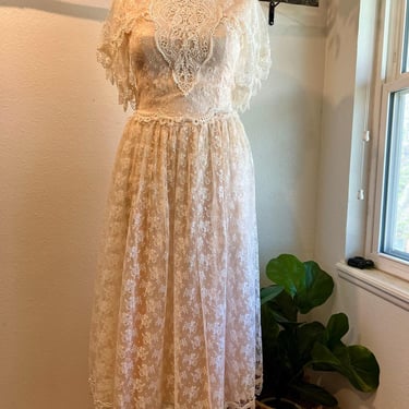 Vintage 1980s Jessica McClintock Pale Pink Lace Caplet Dress Size 12 / Large 