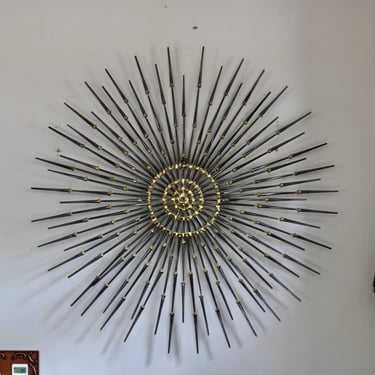 Large Vintage Sunburst Sculpture, Mid Century Wall Hanging, Wrought Iron Brutalist Style Starburst with Black and Gold Metal Nail Spikes 