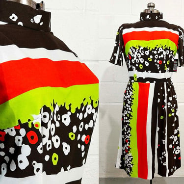 Vintage Mod Dress Brown Green Orange White Short Sleeve Mid-Century Twiggy Psychedelic Space-age Avant-garde Mockneck 1970s 1960s Large 