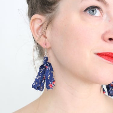 Navy Floral Short Fabric Tassel Earrings, Fringe Earrings, Statement Earrings eco conscious 