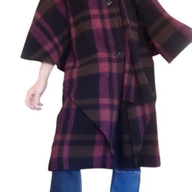 Vintage 1990s Purple Wool Plaid Poncho Cloak Coat Cape w/Scarf 