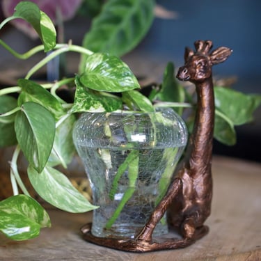 1990s Bronze Giraffe Crackle Glass Propagation Vase — Safari Chic Animal Planter | Boho Jungle Décor | Plant Lover Gift | Moonface Home 