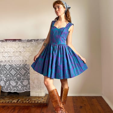 Vintage 1980s Laura Ashley purple cotton mini dress / sweetheart neckline / teal floral print / XS 