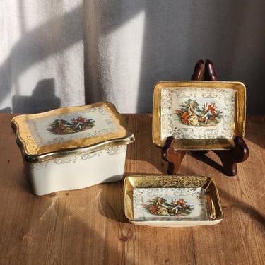 Vintage mid-century Sabin porcelain trinket box and trays dresser set Crest-O-Gold Warranted 22K Gold 