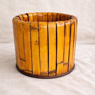 Vintage Bamboo Planter Bucket Mid Century Tiki Boho Plant Pot Basket 
