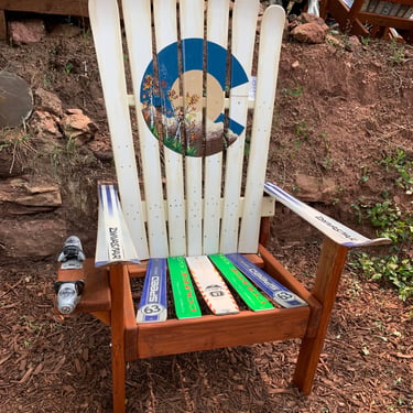 Colorado Flag with Aspen trees, bark, leaves and grass  Adirondack Ski Chair with blue C, deco chairs, patio chair 