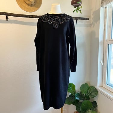 Vintage Black Knit Rainbow Sequin Beaded Long Sleeve Sweater Dress Size Medium 