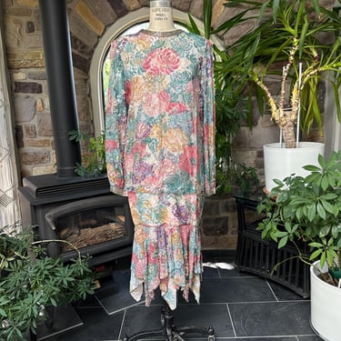 Vintage 1980s Judith Ann Creations Floral Rayon Lace and Sequin Dress 