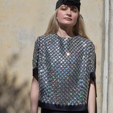 BERGDORF GOODMAN Vintage 90s Holographic Sequin Silk Top Numbered & Dated 