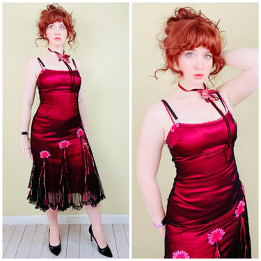 Y2K Betsey Johnson Evening Red and Black Embroidered Goth Fairy Bias Cut Dress / Small - Medium 