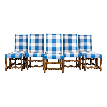 French Louis XIII Style Os De Mouton Walnut Dining Chairs in Blue Plaid - Set of 8 