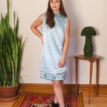 Vintage Mod Cocktail Dress Baby Blue Silk and Jewels 60s Shift Dress High Neck Twiggy 