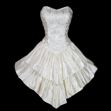 Vintage 80s Strapless Prom Dress, White Lace Sequin Satin Tiered Gown, Size M, 1980s Wedding Reception Party Dress, Formal Evening Wear 