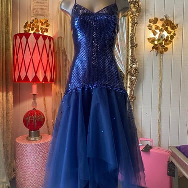 vintage 1980s blue sequin formal dress, mermaid hem, low back, bolero, 80s prom 