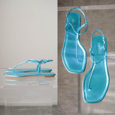 Vintage PRADA 2005 Archival Calzature Donna Capretto Lamina Turchese Leather Slingback Sandals w/ Box | Made in Italy | 40 | Y2K Designer 
