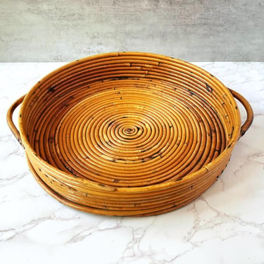Vintage Italian Pencil Reed Tray: 1970s Handled Bamboo Basket 