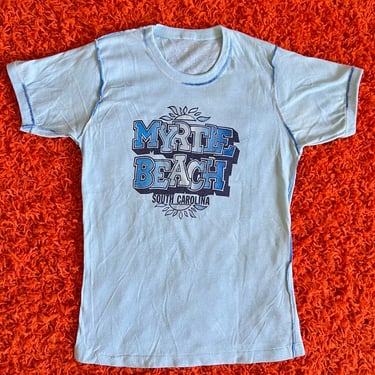 1970s Myrtle Beach t-shirt // XS-S // vintage 70s baby blue graphic vacation tee exposed stitching beach shirt single stitch South Carolina 