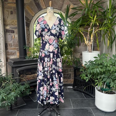 Vintage 1980s Does 1940s Navy Blue and Pink Floral Rayon Drop Waist Dress J G Collection 