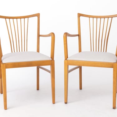 Pair of 1950s Vintage Armchairs, Restored Beech Wood & Light Gray Upholstery, Mid-Century Dining or Desk Chairs 