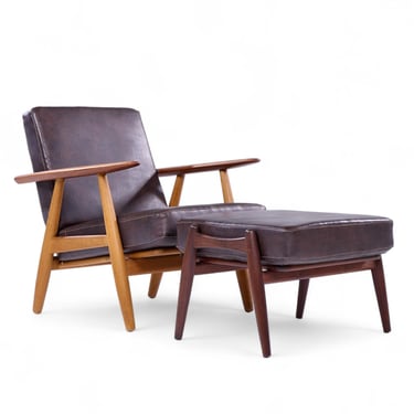 Hans Wegner for Getama GE-290 Teak High Back Lounge Chairs - Pair with Ottoman - mcm 