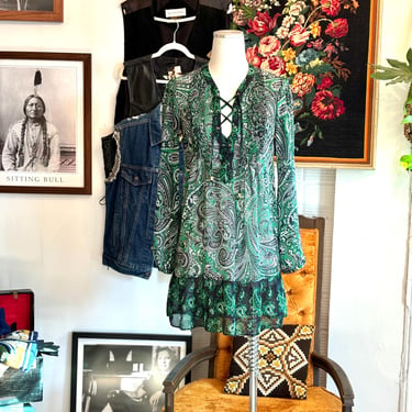vintage green paisley print sheer mini dress / beach cover up 