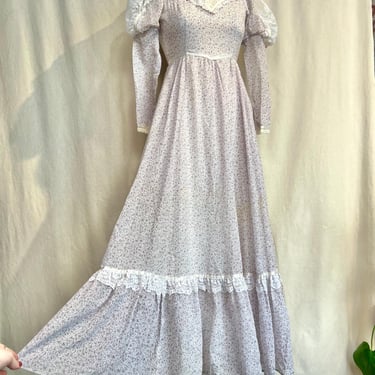 Vintage 1970s Gunne Sax XS Ditzy Floral Victorian Style Lavender Maxi Dress 