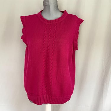 Womens pink 1980s sweater vest, bright pink sleeveless cable knit sweater, plus size 80s sweater vest, stranger things, XL or XXL sweater 