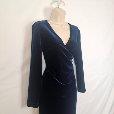 Vintage 90s Dark Blue Velvet Wrap Dress 