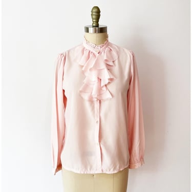 Peony Blouse &bull; Size M &bull; Vintage 1970s Ruffle Jabot Pink Eyelet High Neck Top 