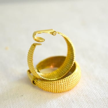 Vintage Textured Gold Metal Clip Hoop Earrings 
