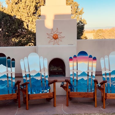Set of four - Ski & Snowboard mystic mountain mural chairs, four seasons themed, Winter, Spring, Summer, Fall, Outdoor Dining Chairs, 