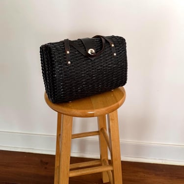 Vintage 1950’s 1960’s,Black wicker box purse -Hong Kong- midcentury- spring, summer bag 
