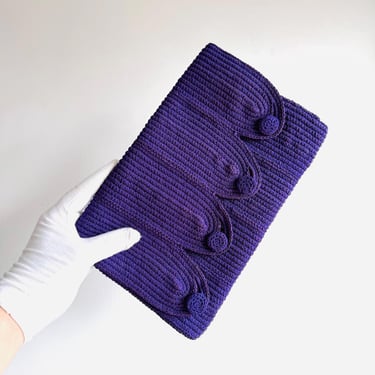 Vintage 40s Passementerie woven violet purple woven cord raffia clutch purse rouleau button cluster tiered flap 