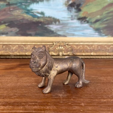 Free shipping within Continental US - Likely Antique Possibly Hand-Cast Bronze Toned Lion Figurine with Folk Art Styling 