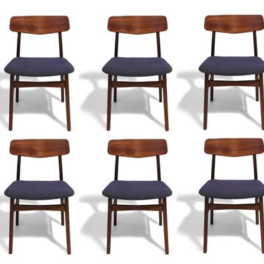 Set of Six Mid-century Danish Teak Dining Chairs in Purple Wool Textile